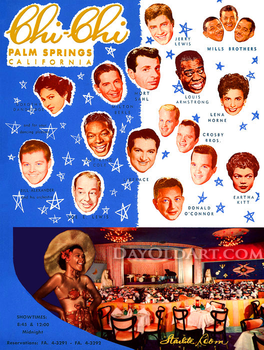 Vintage-style printed poster or art print featuring a split blue-and-white background with cutout portraits of performers and large 'Chi-Chi Palm Springs California' text at the top, plus a large performance hall scene along the bottom. Colorized by Melvin Hale.