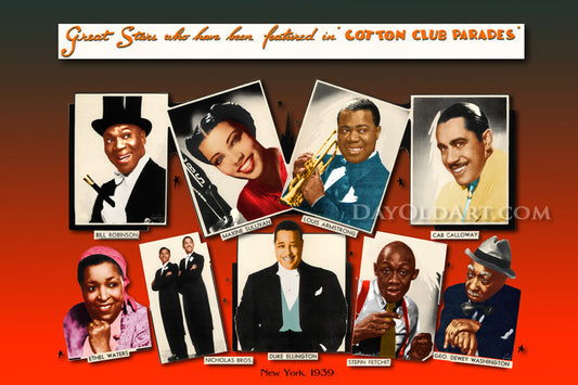 Vintage poster print featuring a collage of eight black-and-white and color photographs of famous jazz and swing performers, including Bill Robinson, Louis Armstrong, Cab Callahan, Duke Ellington, and Ethel Waters, with the text 'Great Stars who have been featured in COTTON CLUB PARADES' at the top and 'New York, 1939' at the bottom.