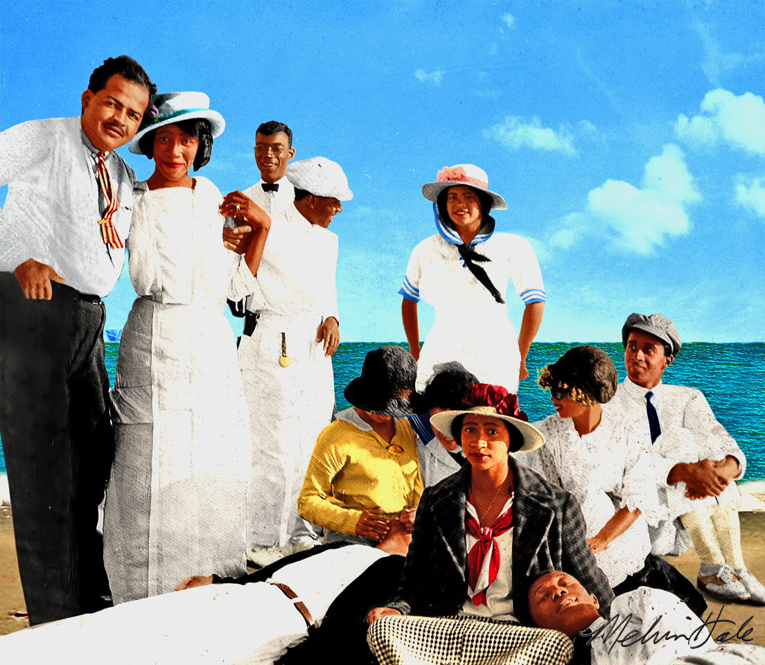 A vintage color photograph of a group of people posing on a beach with the ocean and blue sky in the background. Several individuals are dressed in white outfits, while one person in the foreground wears a dark plaid jacket and red neck scarf.