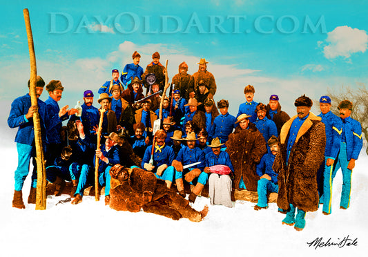 A vintage-style group photograph print depicting the storied Buffalo Soldiers in uniform and some in Buffalo Skin robes posing in the snow with rifles. The image has a light blue sky background. DAVOLDART.