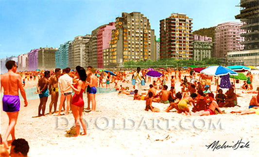 A vintage-style beach scene at Copacabana Beach in the 1950s showing a crowded sandy shore with people, colorful umbrellas, and tall buildings along the coastline under a blue sky. OLDART.
