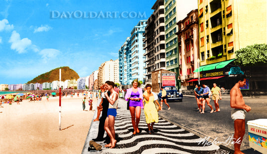 A colorful vintage-style beach boardwalk scene at Copacabana Beach in the 1940s with people walking along a black-and-white zebra-patterned path between a sandy beach and tall buildings under a blue sky. DAYOLDART.