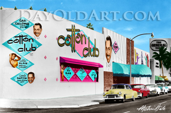 A colorful vintage-style art print depicting the Miami Cotton Club, a white building featuring large 'cotton club' signage, illustrated portraits of Cab Calloway, Sallie Blair and Lonnie Sattin, teal awnings, parked classic cars, and palm trees under a blue sky.  OLDART.