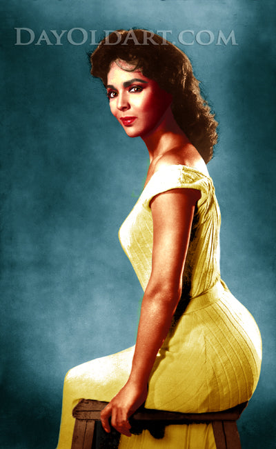 A vintage-style portrait print of Dorothy Dandridge in profile wearing a pale yellow dress, seated on a stool against a textured blue backdrop. The image includes a visible 'DAYOLDART.