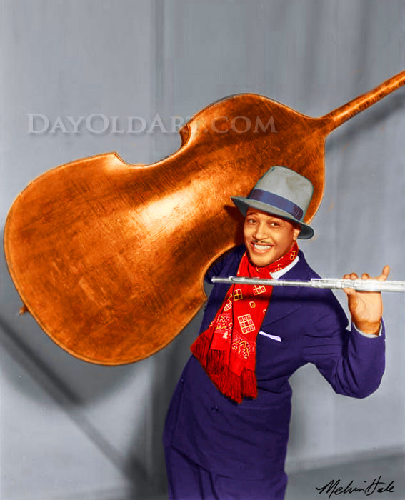 A colorized vintage portrait of Duke Ellington holding a string bass behind his shoulder and a silver flute. He is wearing a dark blue suit, a red patterned scarf, and a gray fedora against a gray studio backdrop. This was a studio photo for the movie Murder at the Vanities in which Duke Ellington and His Famous Orchestra performed his "Ebony Rapsody" number. Colorized by Melvin Hale