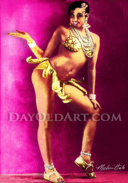 Vintage colorized art prints depicting Josephine Baker in her renowned gold patterned 'banana costume' with matching headpiece, a triptych with three vibrant background colors of magenta-pink, yellow and green. DAYOLDART.COM