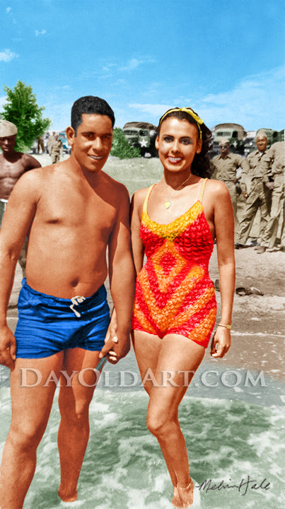 A vintage colorized photograph showing a shirtless man in blue swim trunks and Lena Horne in a red and yellow patterned one-piece swimsuit walking in shallow water, with beachgoers and military vehicles in the background. Colorized by Melvin Hale. 'DAYOLDART'