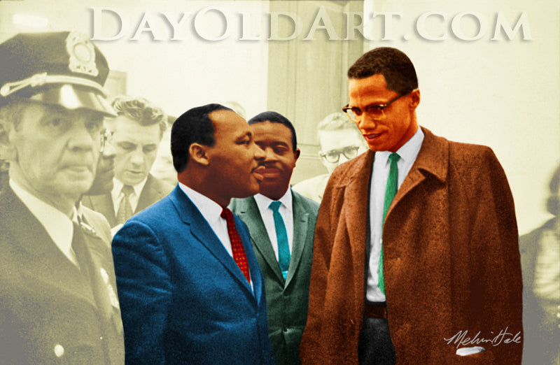 A vintage-style colorized art print depicting civil rights activist Malcolm X in a brown coat and green tie, speaking with Martin Luther King, Jr., and with Ralph D. Abernathy set against a greyscale background. DAYOLDART.