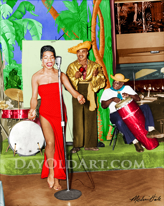 A vintage photograph of a young Maya Angelou. She is colorized here wearing a red strapless gown singing calypso music with a live band. Colorized by Melvin Hale.