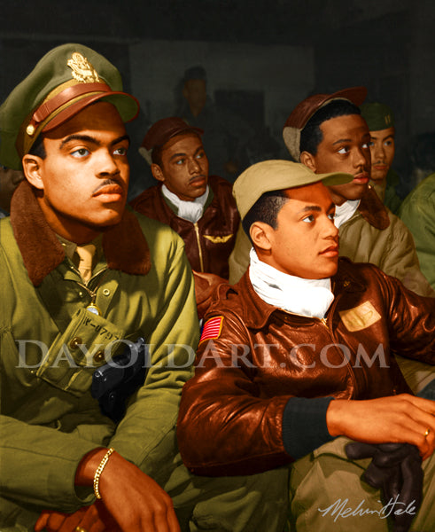 Vintage photo colorized by Melvin Hale depicting the famed Tuskegee Airmen in World War II. The airmen are dressed in olive green uniforms, with some in a brown leather flight jackets. DAYOLDART.